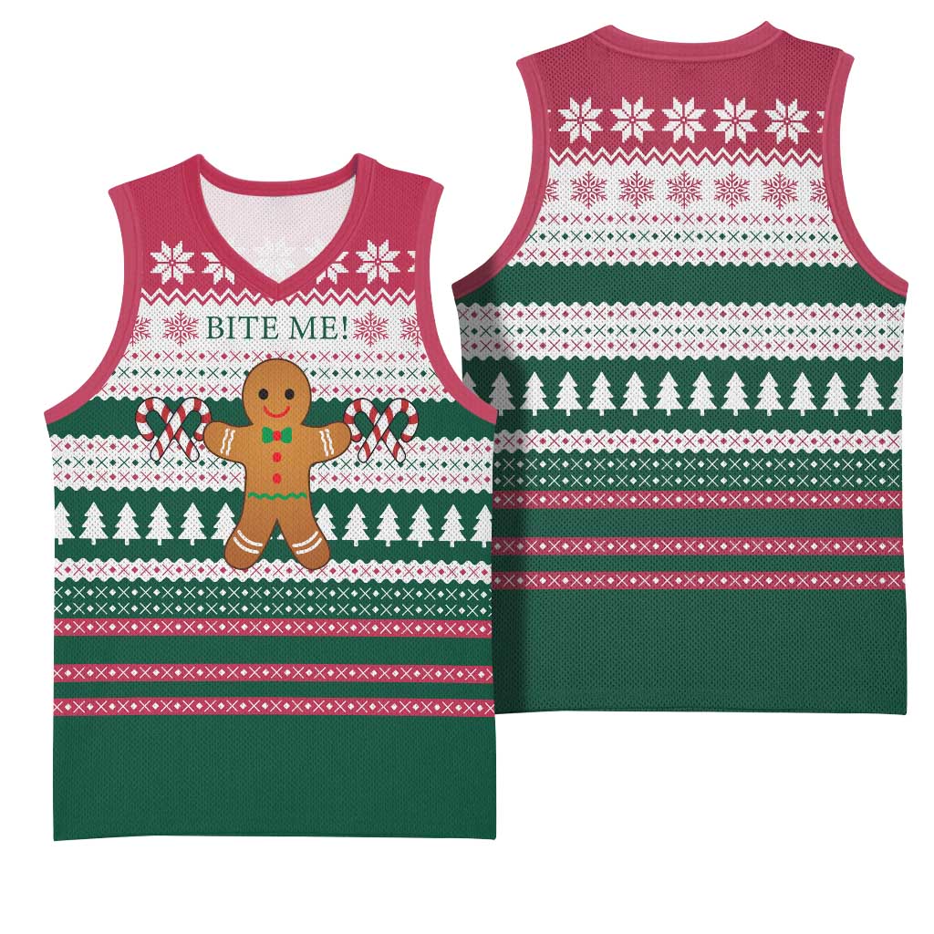 Christmas Cookies Bite Me Basketball Jersey with Gingerbread Man Candy Canes and Snowflake Tree - Wonder Print Shop