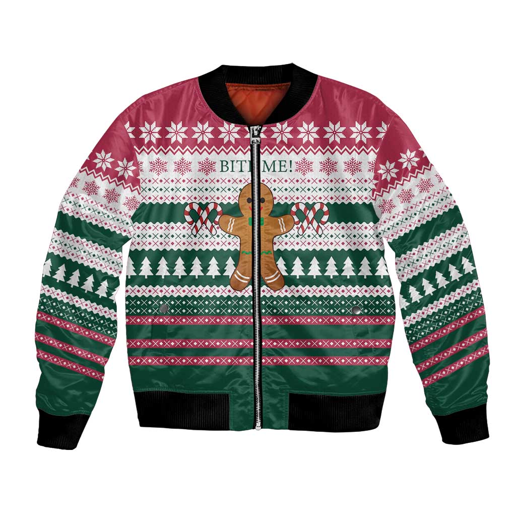 Christmas Cookies Bite Me Bomber Jacket with Gingerbread Man Candy Canes and Snowflake Tree - Wonder Print Shop