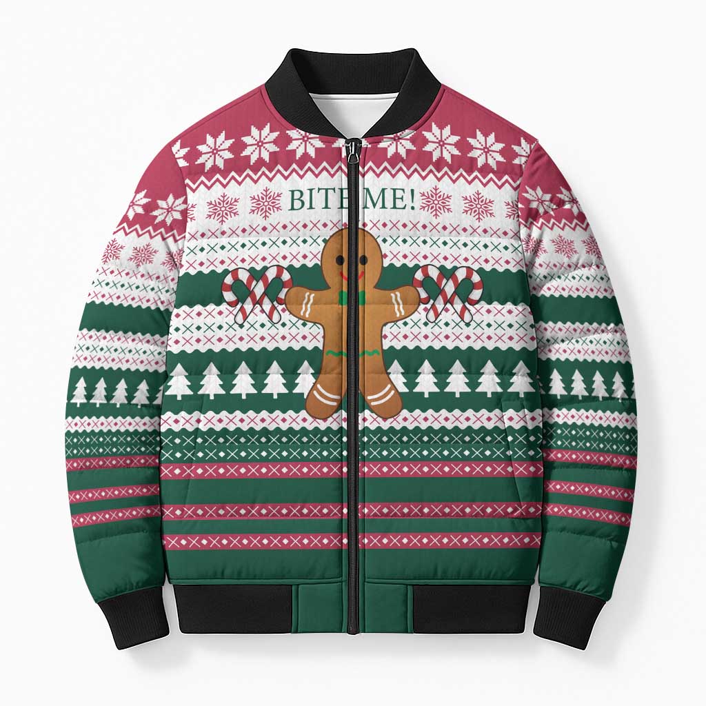 Christmas Cookies Bite Me Bomber Puffer Jacket with Gingerbread Man Candy Canes and Snowflake Tree - Wonder Print Shop