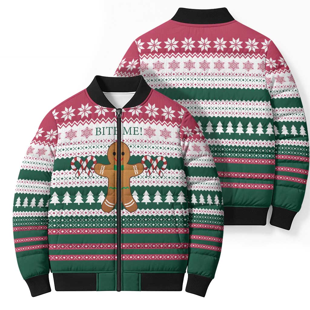 Christmas Cookies Bite Me Bomber Puffer Jacket with Gingerbread Man Candy Canes and Snowflake Tree - Wonder Print Shop