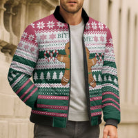 Christmas Cookies Bite Me Bomber Puffer Jacket with Gingerbread Man Candy Canes and Snowflake Tree - Wonder Print Shop