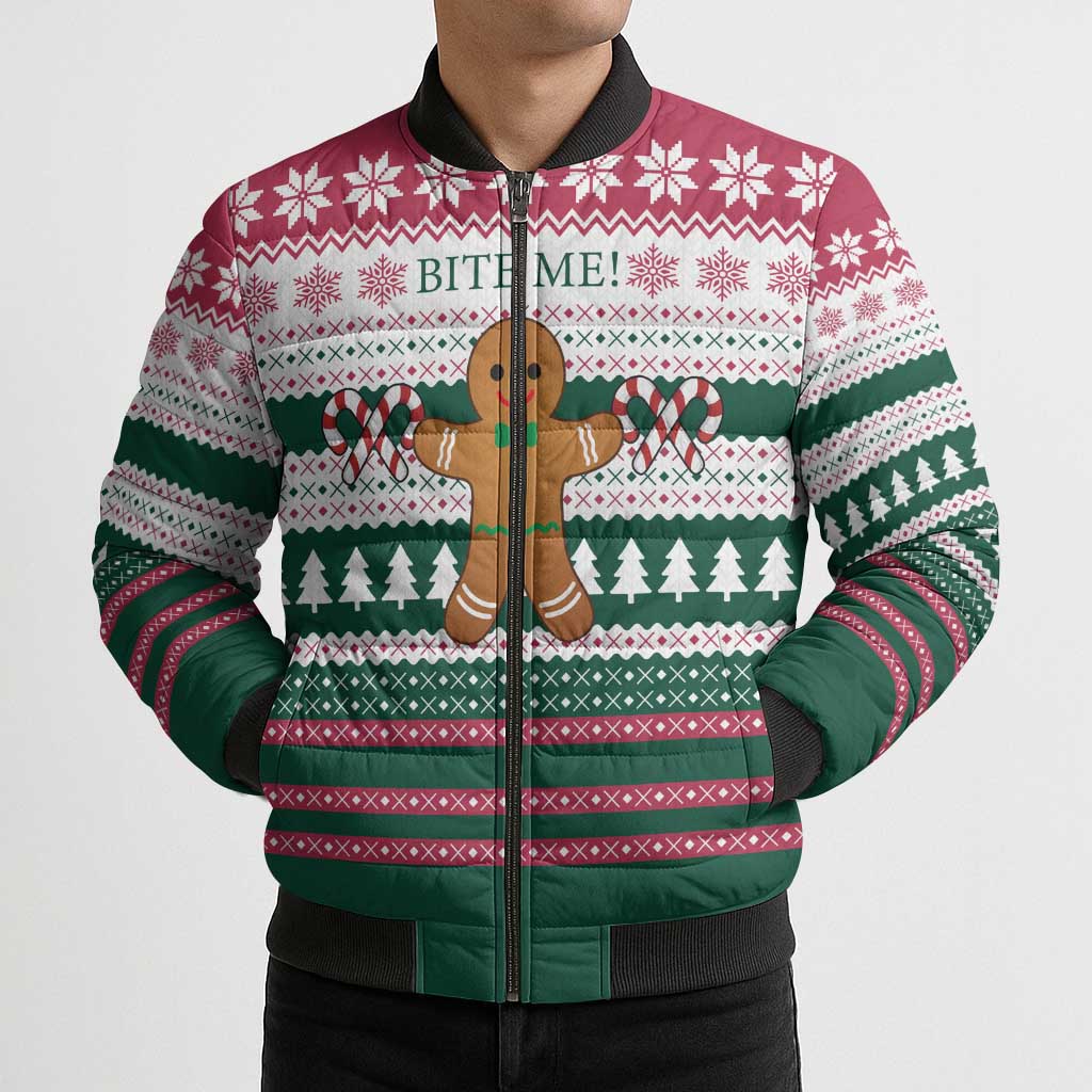 Christmas Cookies Bite Me Bomber Puffer Jacket with Gingerbread Man Candy Canes and Snowflake Tree - Wonder Print Shop