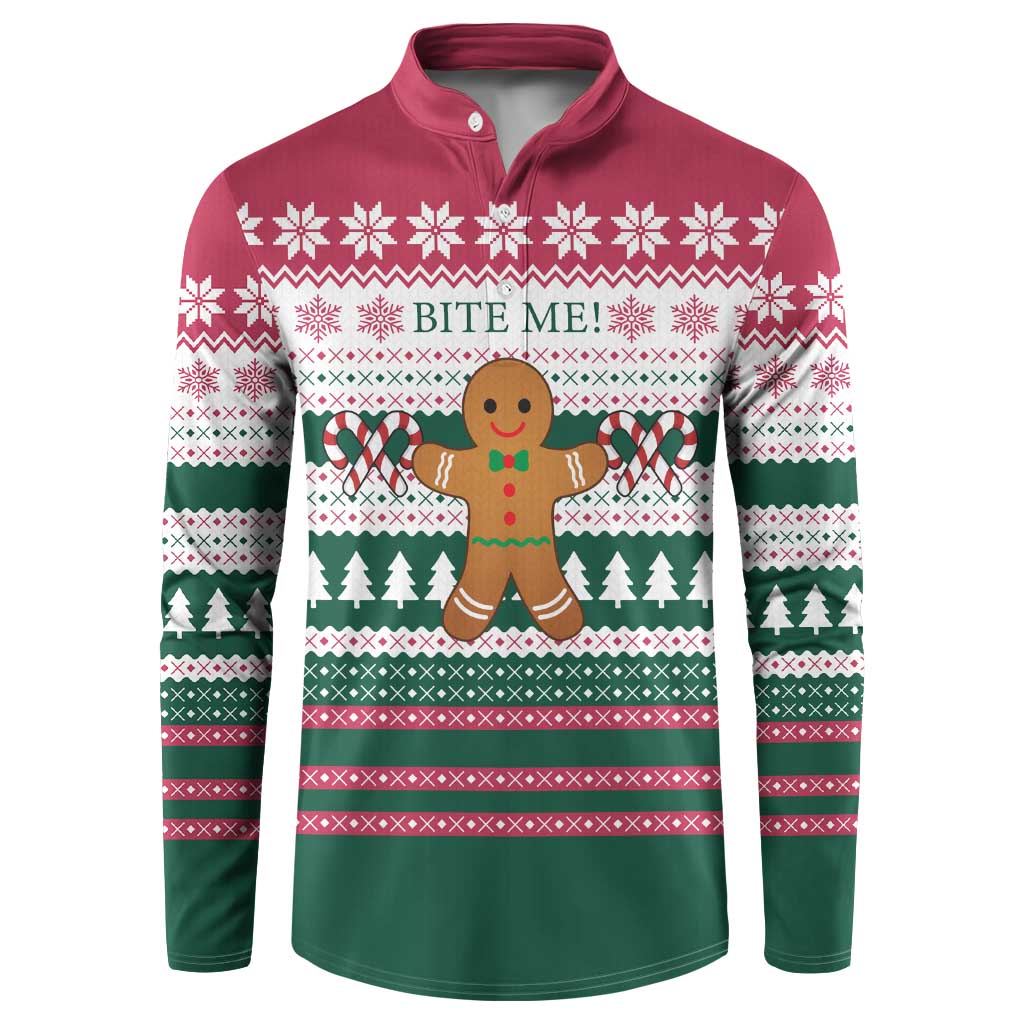Christmas Cookies Bite Me Button Sweatshirt with Gingerbread Man Candy Canes and Snowflake Tree - Wonder Print Shop