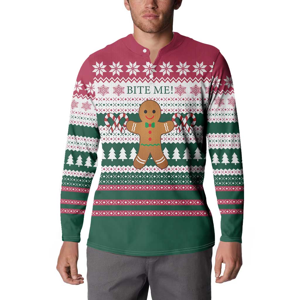 Christmas Cookies Bite Me Button Sweatshirt with Gingerbread Man Candy Canes and Snowflake Tree - Wonder Print Shop