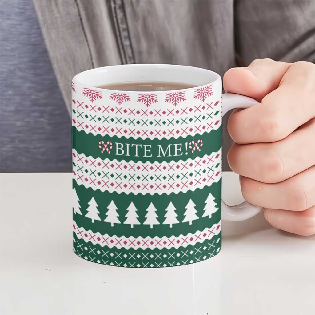 Christmas Cookies Bite Me Ceramic Mug with Gingerbread Man Candy Canes and Snowflake Tree - Wonder Print Shop