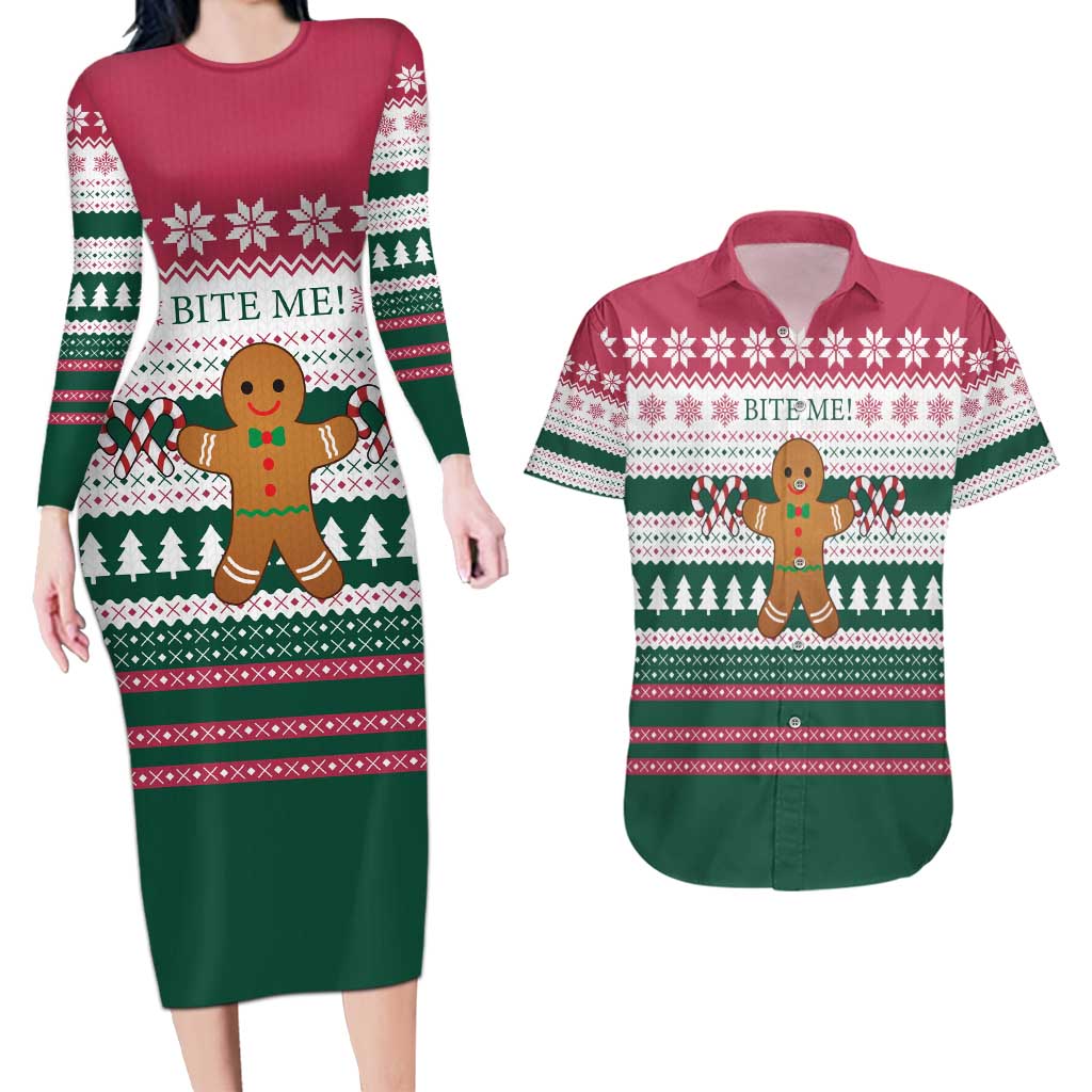 Christmas Cookies Bite Me Couples Matching Long Sleeve Bodycon Dress and Hawaiian Shirt with Gingerbread Man Candy Canes and Snowflake Tree - Wonder Print Shop
