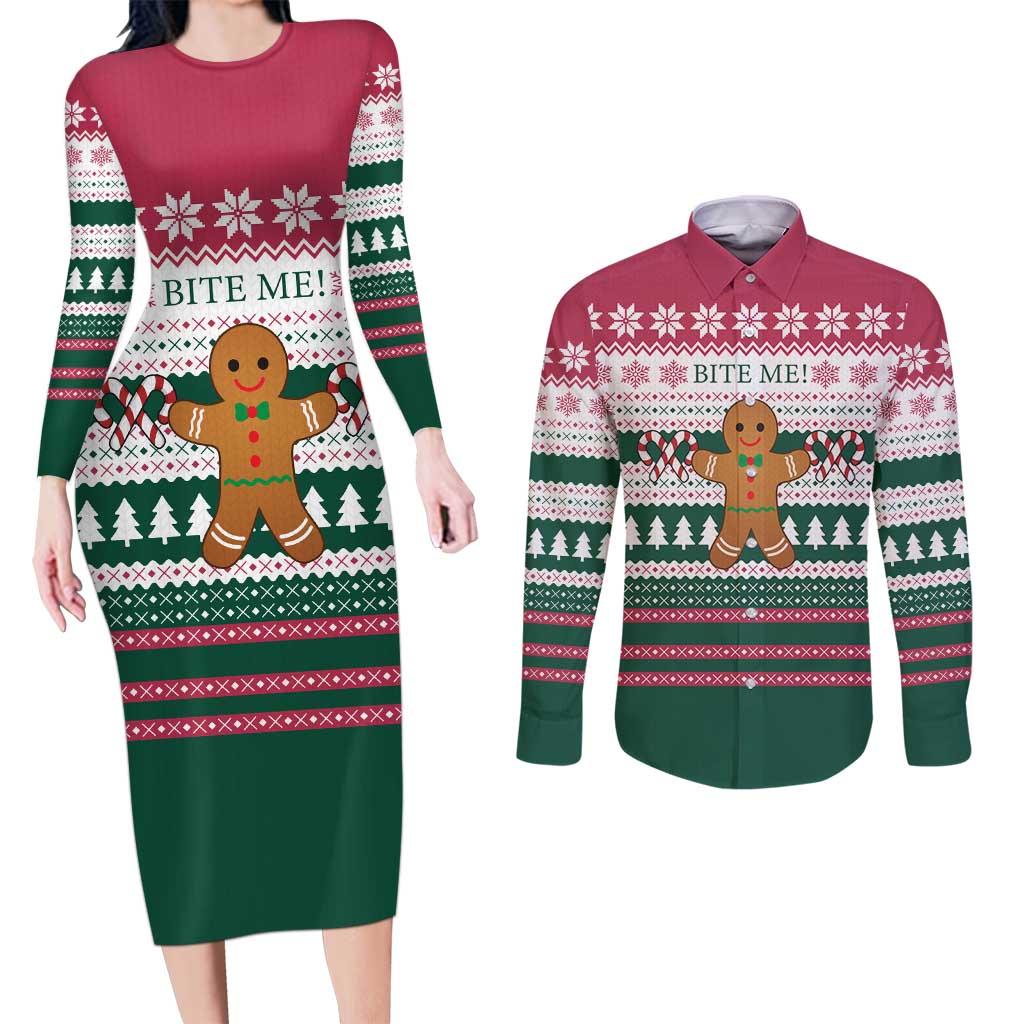 Christmas Cookies Bite Me Couples Matching Long Sleeve Bodycon Dress and Long Sleeve Button Shirt with Gingerbread Man Candy Canes and Snowflake Tree - Wonder Print Shop
