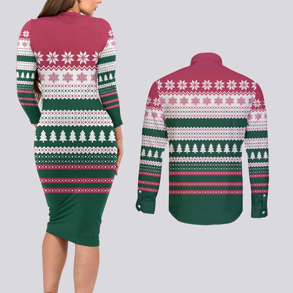 Christmas Cookies Bite Me Couples Matching Long Sleeve Bodycon Dress and Long Sleeve Button Shirt with Gingerbread Man Candy Canes and Snowflake Tree - Wonder Print Shop