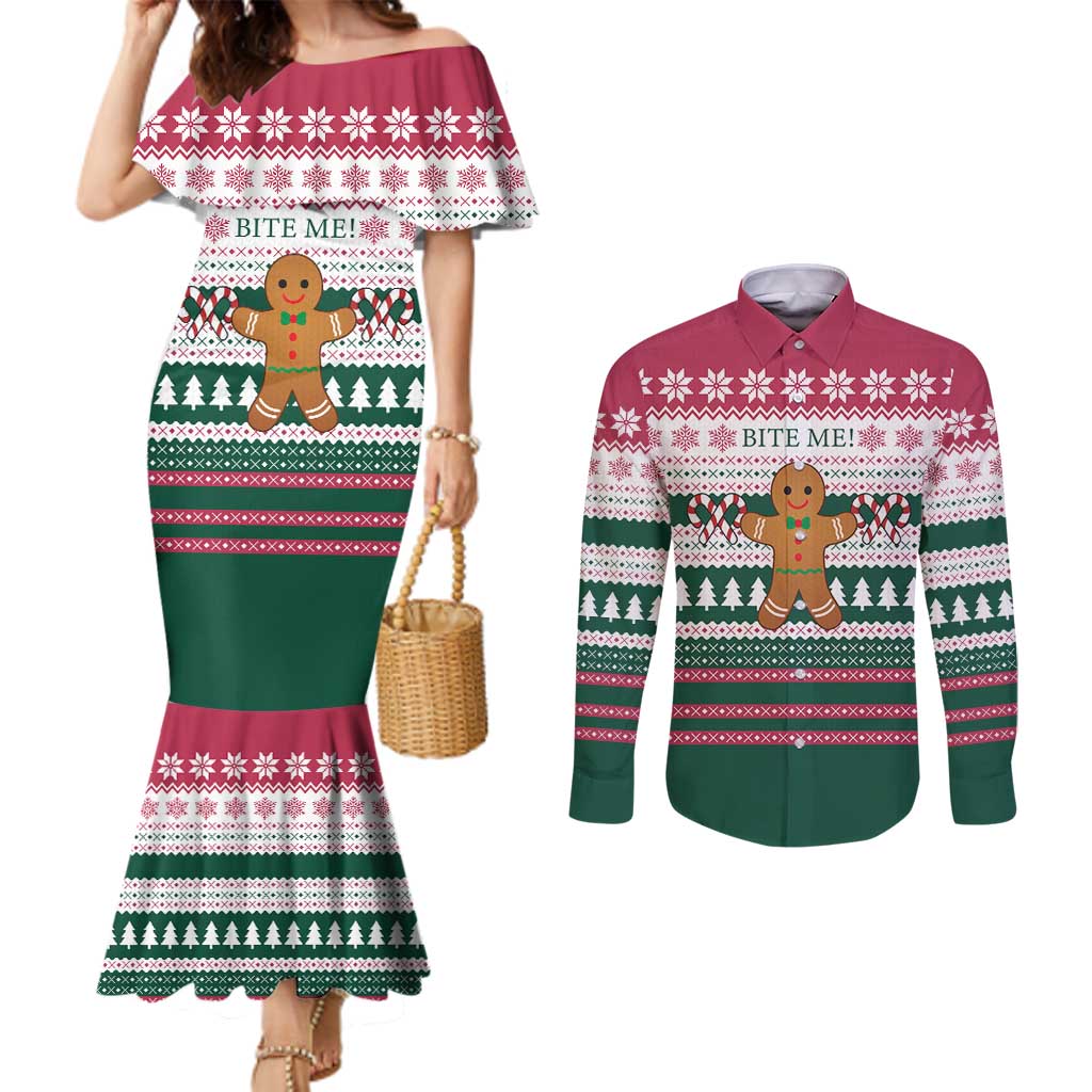 Christmas Cookies Bite Me Couples Matching Mermaid Dress and Long Sleeve Button Shirt with Gingerbread Man Candy Canes and Snowflake Tree - Wonder Print Shop