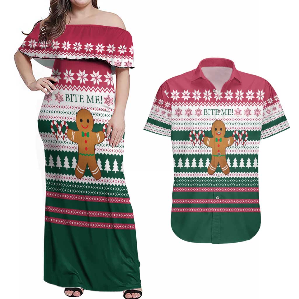 Christmas Cookies Bite Me Couples Matching Off Shoulder Maxi Dress and Hawaiian Shirt with Gingerbread Man Candy Canes and Snowflake Tree - Wonder Print Shop