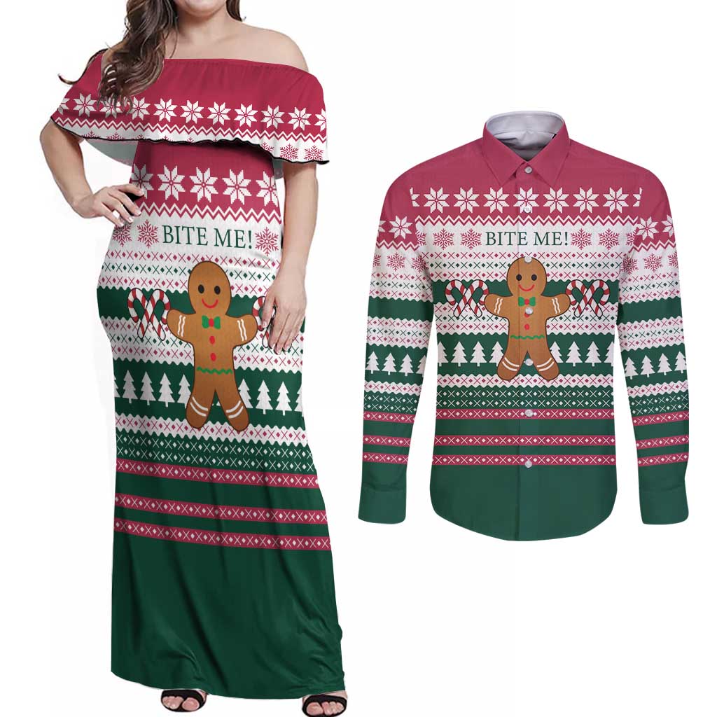 Christmas Cookies Bite Me Couples Matching Off Shoulder Maxi Dress and Long Sleeve Button Shirt with Gingerbread Man Candy Canes and Snowflake Tree - Wonder Print Shop