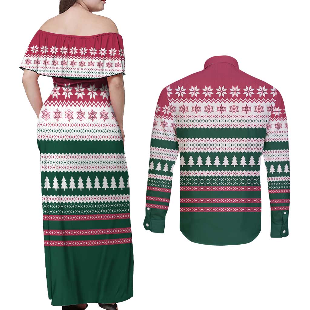 Christmas Cookies Bite Me Couples Matching Off Shoulder Maxi Dress and Long Sleeve Button Shirt with Gingerbread Man Candy Canes and Snowflake Tree - Wonder Print Shop