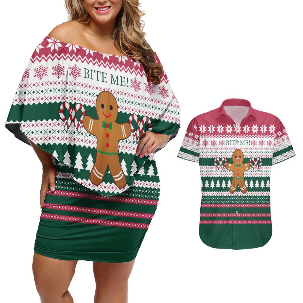 Christmas Cookies Bite Me Couples Matching Off Shoulder Short Dress and Hawaiian Shirt with Gingerbread Man Candy Canes and Snowflake Tree - Wonder Print Shop