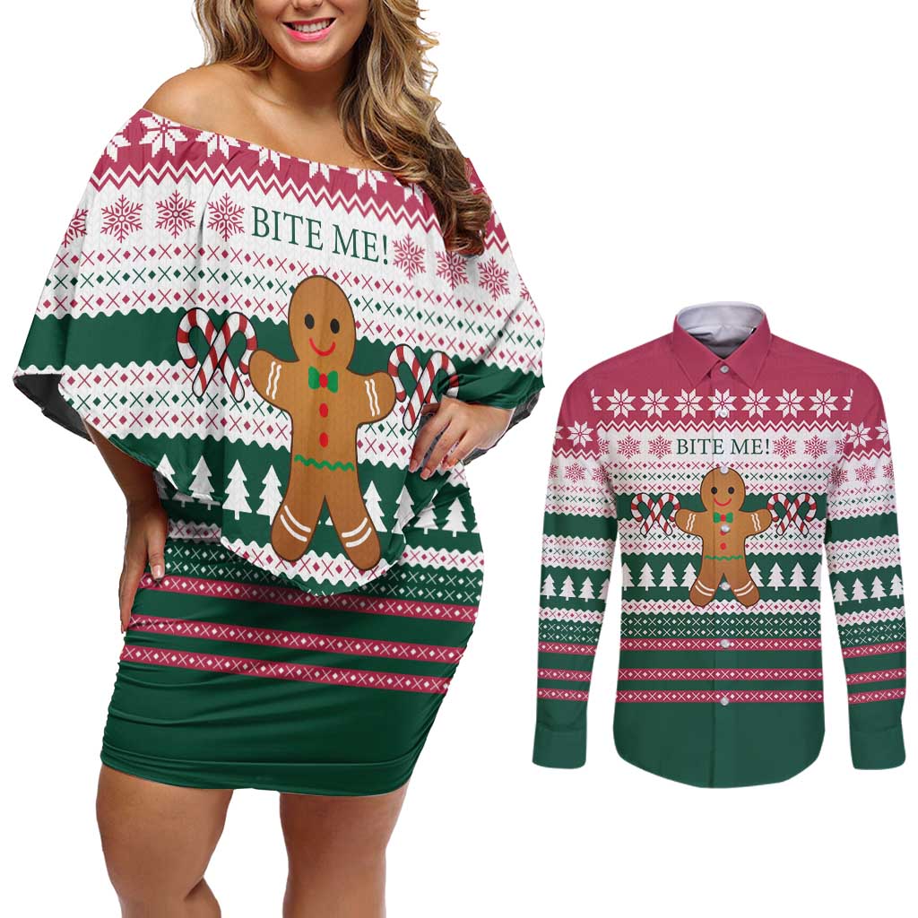 Christmas Cookies Bite Me Couples Matching Off Shoulder Short Dress and Long Sleeve Button Shirt with Gingerbread Man Candy Canes and Snowflake Tree - Wonder Print Shop
