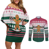 Christmas Cookies Bite Me Couples Matching Off Shoulder Short Dress and Long Sleeve Button Shirt with Gingerbread Man Candy Canes and Snowflake Tree - Wonder Print Shop