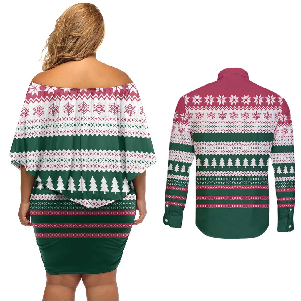 Christmas Cookies Bite Me Couples Matching Off Shoulder Short Dress and Long Sleeve Button Shirt with Gingerbread Man Candy Canes and Snowflake Tree - Wonder Print Shop
