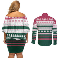 Christmas Cookies Bite Me Couples Matching Off Shoulder Short Dress and Long Sleeve Button Shirt with Gingerbread Man Candy Canes and Snowflake Tree - Wonder Print Shop