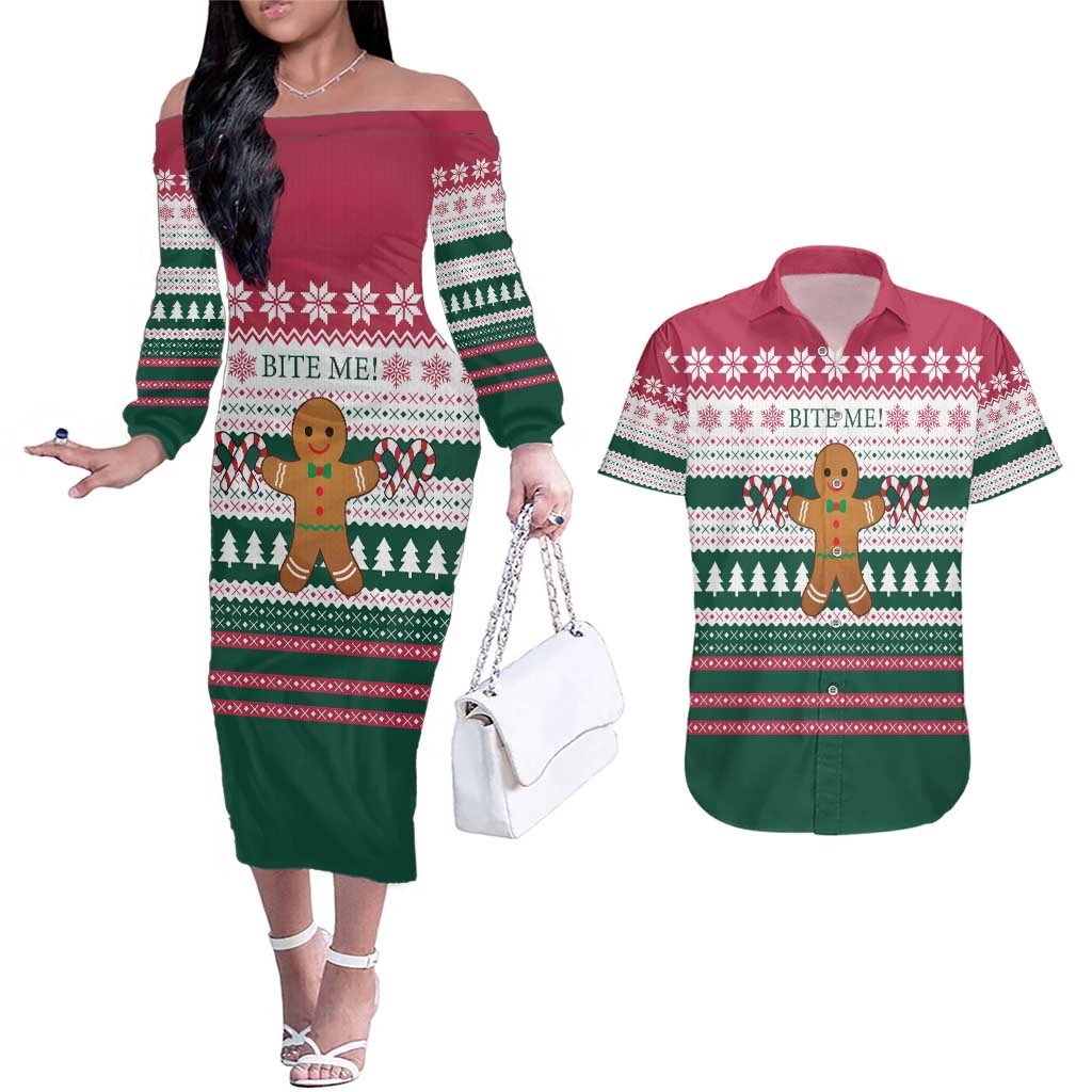 Christmas Cookies Bite Me Couples Matching Off The Shoulder Long Sleeve Dress and Hawaiian Shirt with Gingerbread Man Candy Canes and Snowflake Tree - Wonder Print Shop