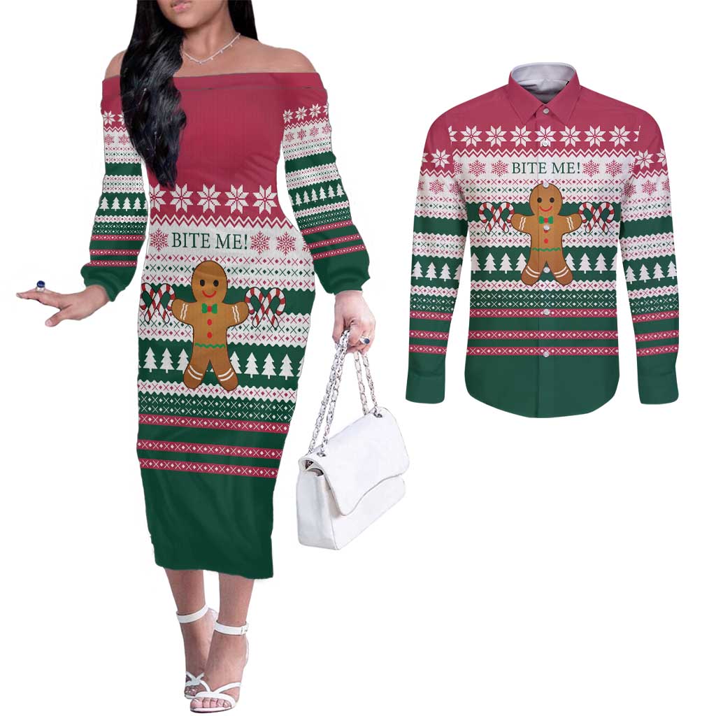 Christmas Cookies Bite Me Couples Matching Off The Shoulder Long Sleeve Dress and Long Sleeve Button Shirt with Gingerbread Man Candy Canes and Snowflake Tree - Wonder Print Shop