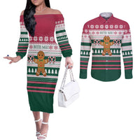 Christmas Cookies Bite Me Couples Matching Off The Shoulder Long Sleeve Dress and Long Sleeve Button Shirt with Gingerbread Man Candy Canes and Snowflake Tree - Wonder Print Shop