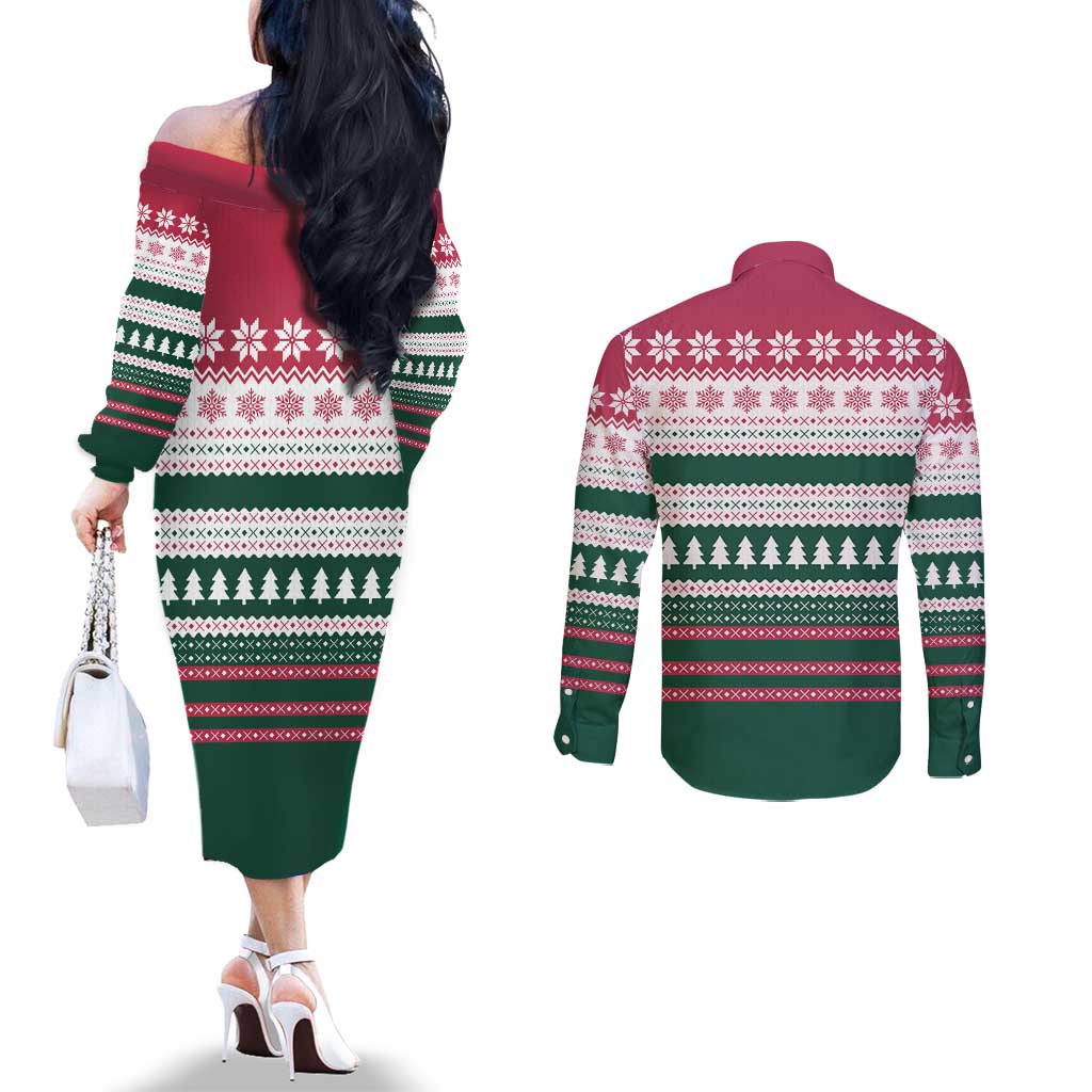 Christmas Cookies Bite Me Couples Matching Off The Shoulder Long Sleeve Dress and Long Sleeve Button Shirt with Gingerbread Man Candy Canes and Snowflake Tree - Wonder Print Shop