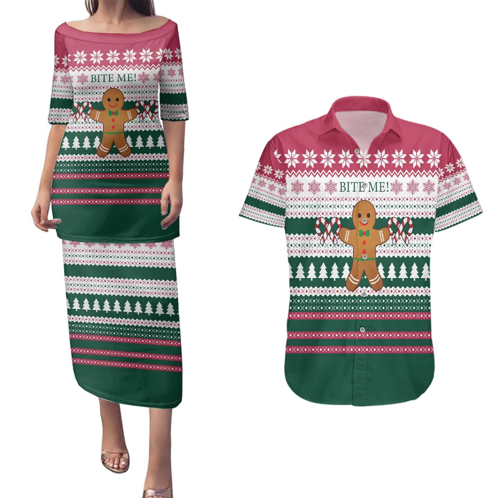 Christmas Cookies Bite Me Couples Matching Puletasi and Hawaiian Shirt with Gingerbread Man Candy Canes and Snowflake Tree - Wonder Print Shop