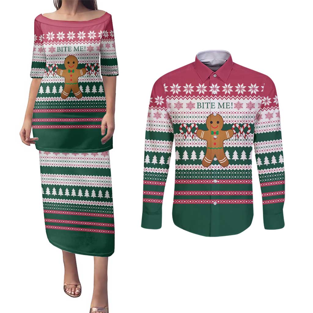 Christmas Cookies Bite Me Couples Matching Puletasi and Long Sleeve Button Shirt with Gingerbread Man Candy Canes and Snowflake Tree - Wonder Print Shop
