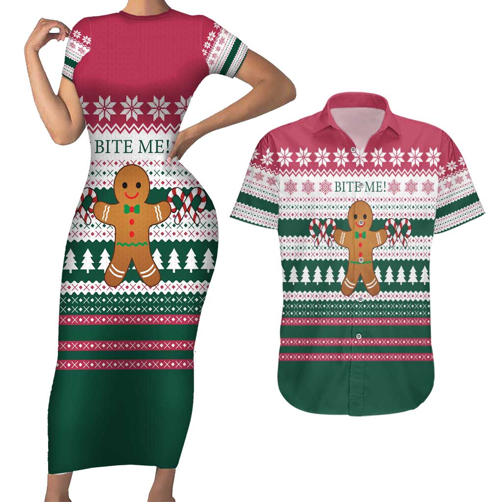 Christmas Cookies Bite Me Couples Matching Short Sleeve Bodycon Dress and Hawaiian Shirt with Gingerbread Man Candy Canes and Snowflake Tree - Wonder Print Shop