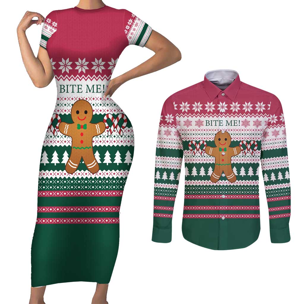 Christmas Cookies Bite Me Couples Matching Short Sleeve Bodycon Dress and Long Sleeve Button Shirt with Gingerbread Man Candy Canes and Snowflake Tree - Wonder Print Shop