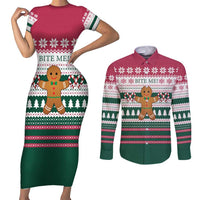 Christmas Cookies Bite Me Couples Matching Short Sleeve Bodycon Dress and Long Sleeve Button Shirt with Gingerbread Man Candy Canes and Snowflake Tree - Wonder Print Shop