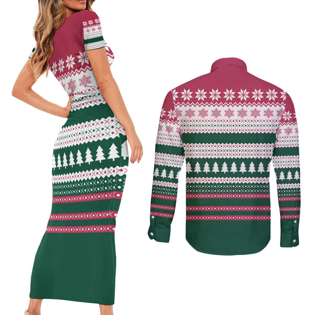 Christmas Cookies Bite Me Couples Matching Short Sleeve Bodycon Dress and Long Sleeve Button Shirt with Gingerbread Man Candy Canes and Snowflake Tree - Wonder Print Shop