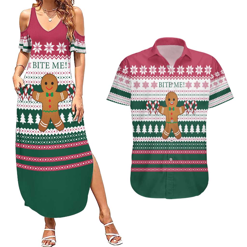 Christmas Cookies Bite Me Couples Matching Summer Maxi Dress and Hawaiian Shirt with Gingerbread Man Candy Canes and Snowflake Tree - Wonder Print Shop