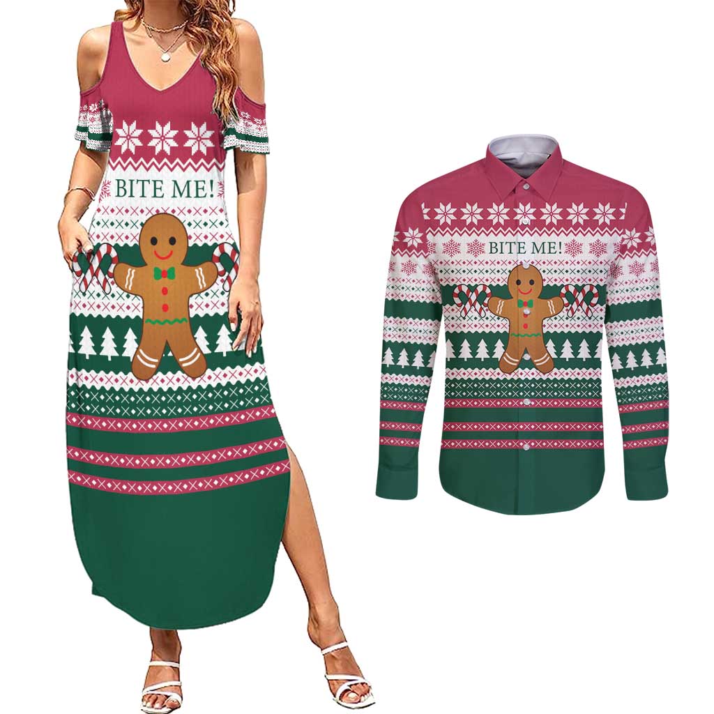 Christmas Cookies Bite Me Couples Matching Summer Maxi Dress and Long Sleeve Button Shirt with Gingerbread Man Candy Canes and Snowflake Tree - Wonder Print Shop