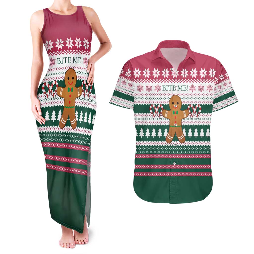 Christmas Cookies Bite Me Couples Matching Tank Maxi Dress and Hawaiian Shirt with Gingerbread Man Candy Canes and Snowflake Tree - Wonder Print Shop