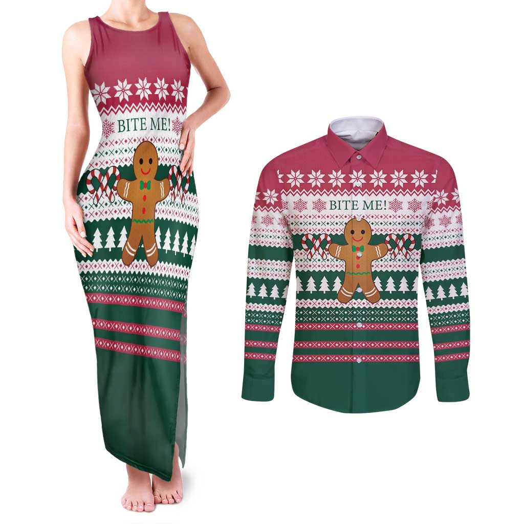 Christmas Cookies Bite Me Couples Matching Tank Maxi Dress and Long Sleeve Button Shirt with Gingerbread Man Candy Canes and Snowflake Tree - Wonder Print Shop