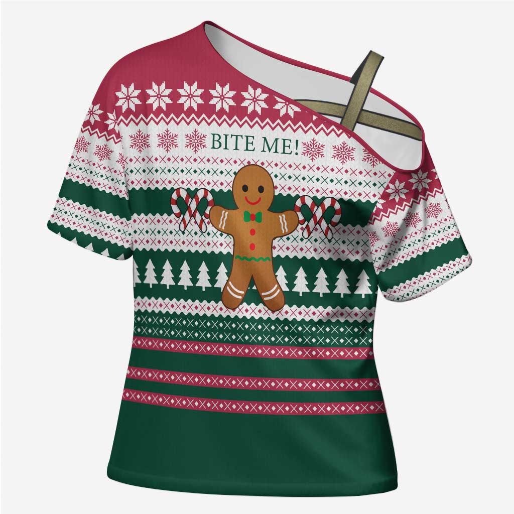 Christmas Cookies Bite Me Cross Shoulder Shirt with Gingerbread Man Candy Canes and Snowflake Tree - Wonder Print Shop