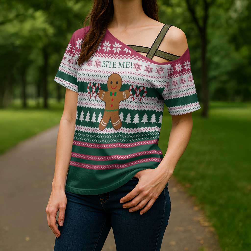 Christmas Cookies Bite Me Cross Shoulder Shirt with Gingerbread Man Candy Canes and Snowflake Tree - Wonder Print Shop