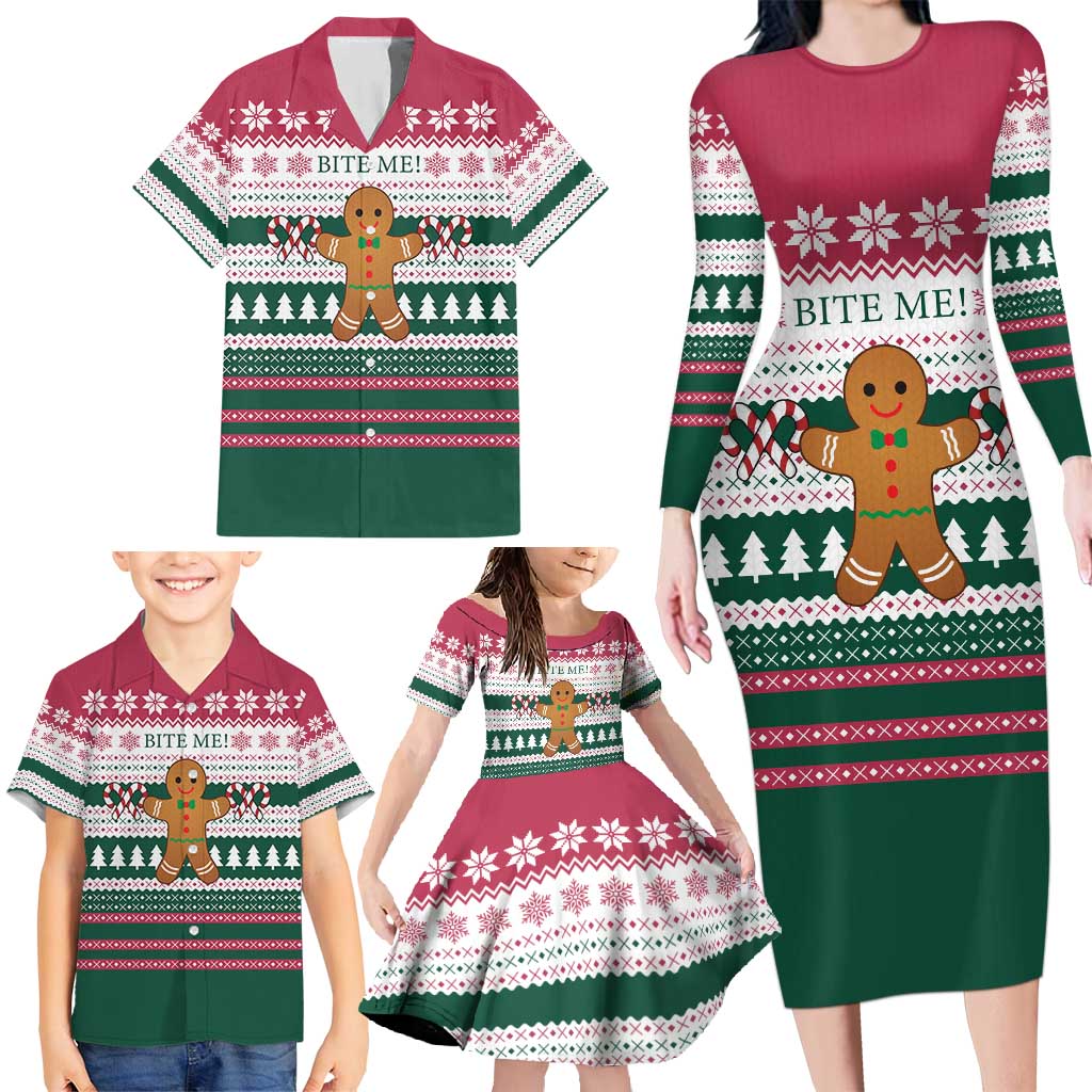 Christmas Cookies Bite Me Family Matching Long Sleeve Bodycon Dress and Hawaiian Shirt with Gingerbread Man Candy Canes and Snowflake Tree - Wonder Print Shop