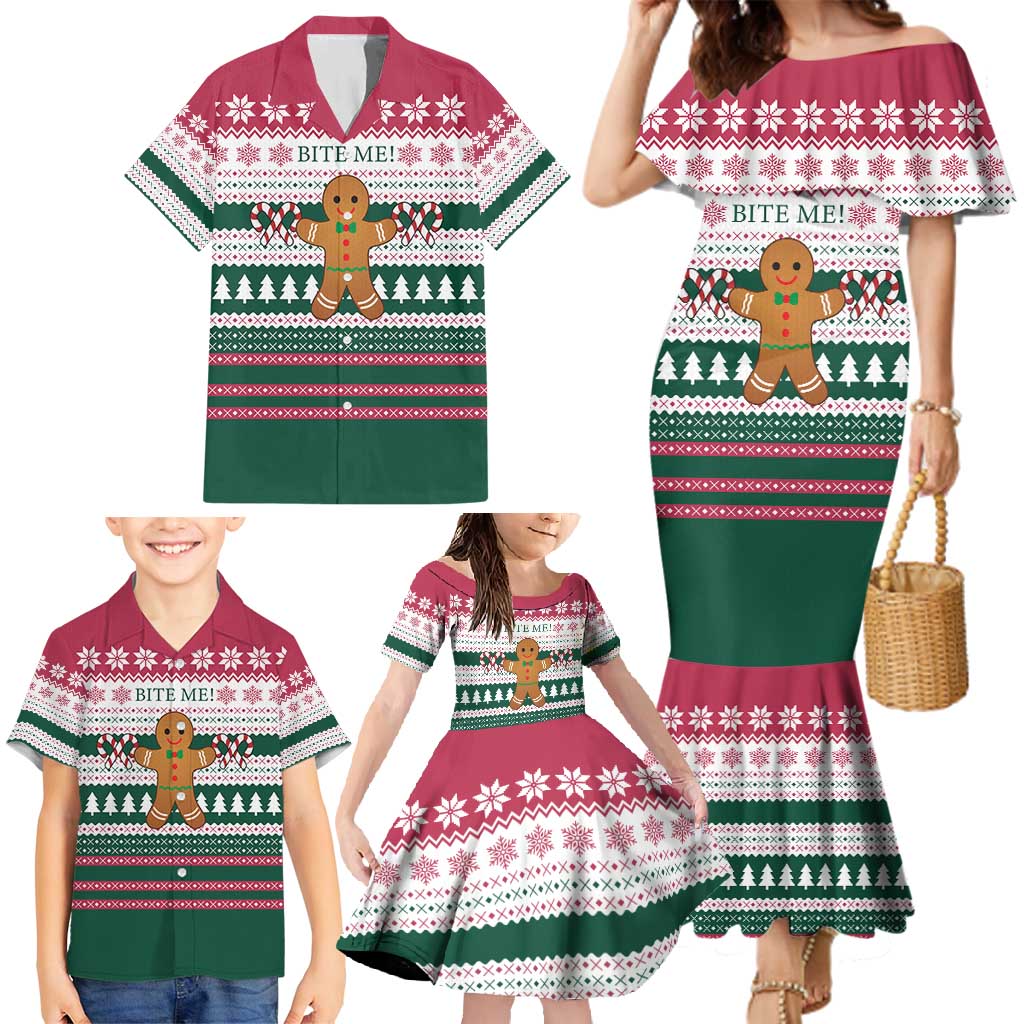Christmas Cookies Bite Me Family Matching Mermaid Dress and Hawaiian Shirt with Gingerbread Man Candy Canes and Snowflake Tree - Wonder Print Shop