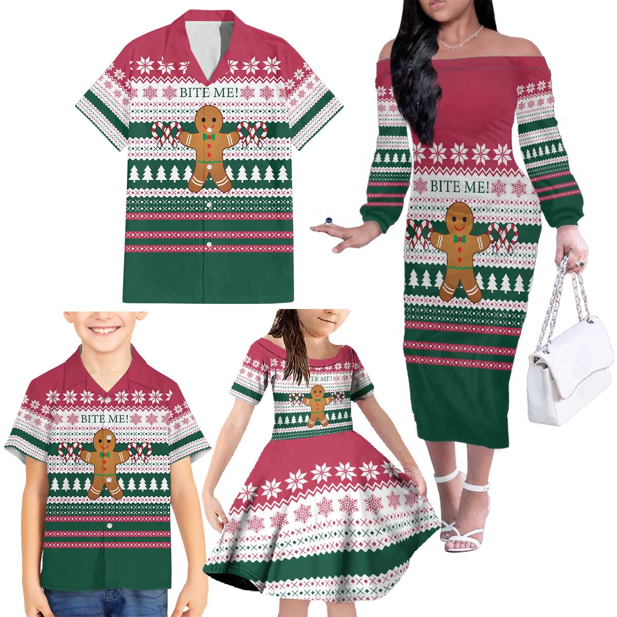 Christmas Cookies Bite Me Family Matching Off The Shoulder Long Sleeve Dress and Hawaiian Shirt with Gingerbread Man Candy Canes and Snowflake Tree - Wonder Print Shop