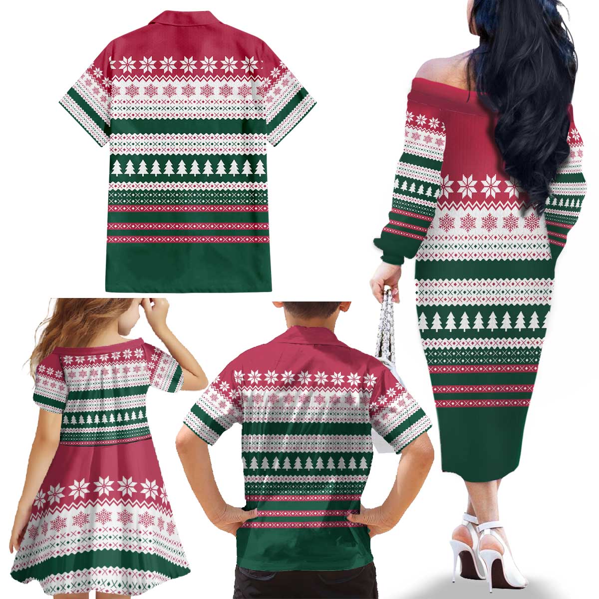 Christmas Cookies Bite Me Family Matching Off The Shoulder Long Sleeve Dress and Hawaiian Shirt with Gingerbread Man Candy Canes and Snowflake Tree - Wonder Print Shop