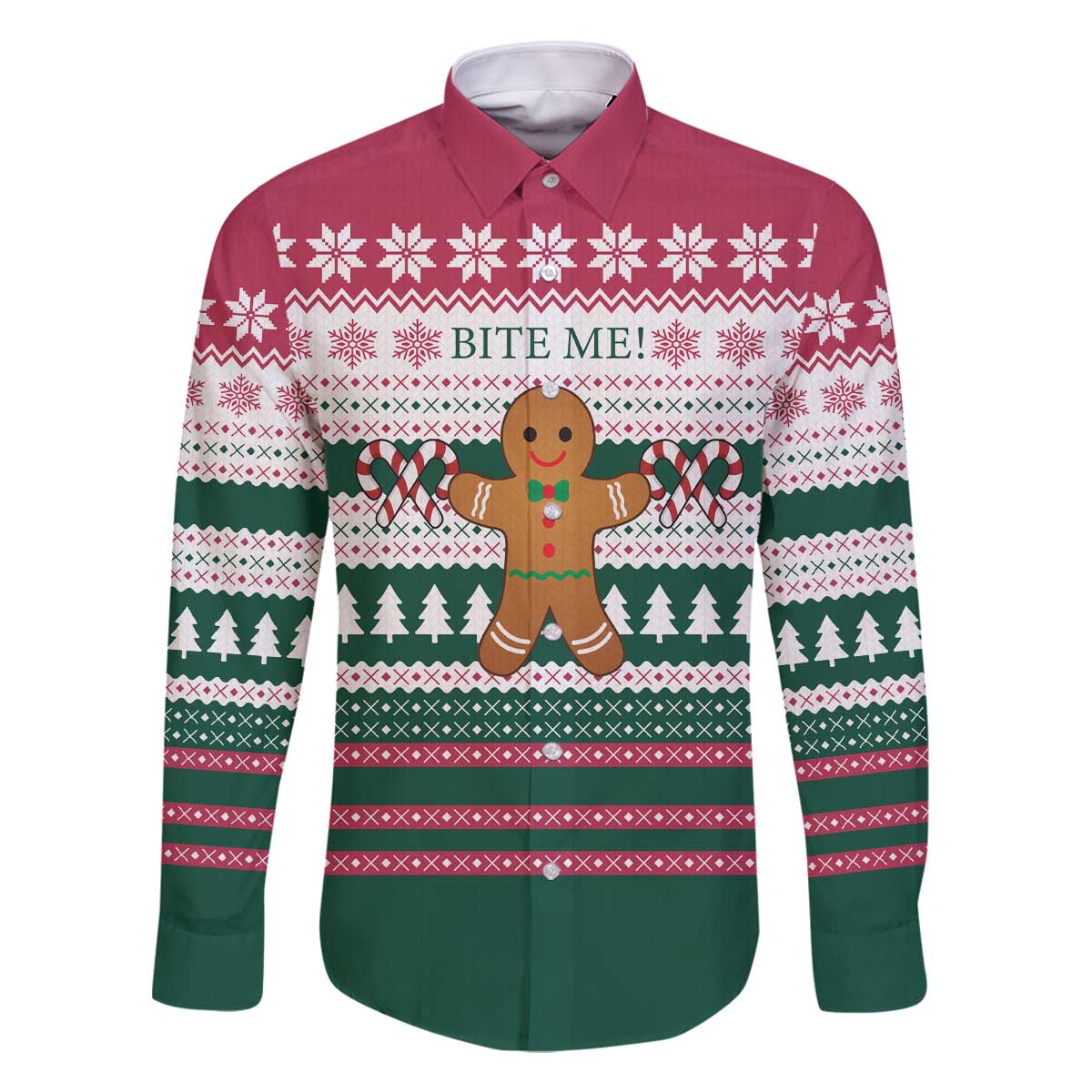 Christmas Cookies Bite Me Family Matching Off The Shoulder Long Sleeve Dress and Hawaiian Shirt with Gingerbread Man Candy Canes and Snowflake Tree - Wonder Print Shop