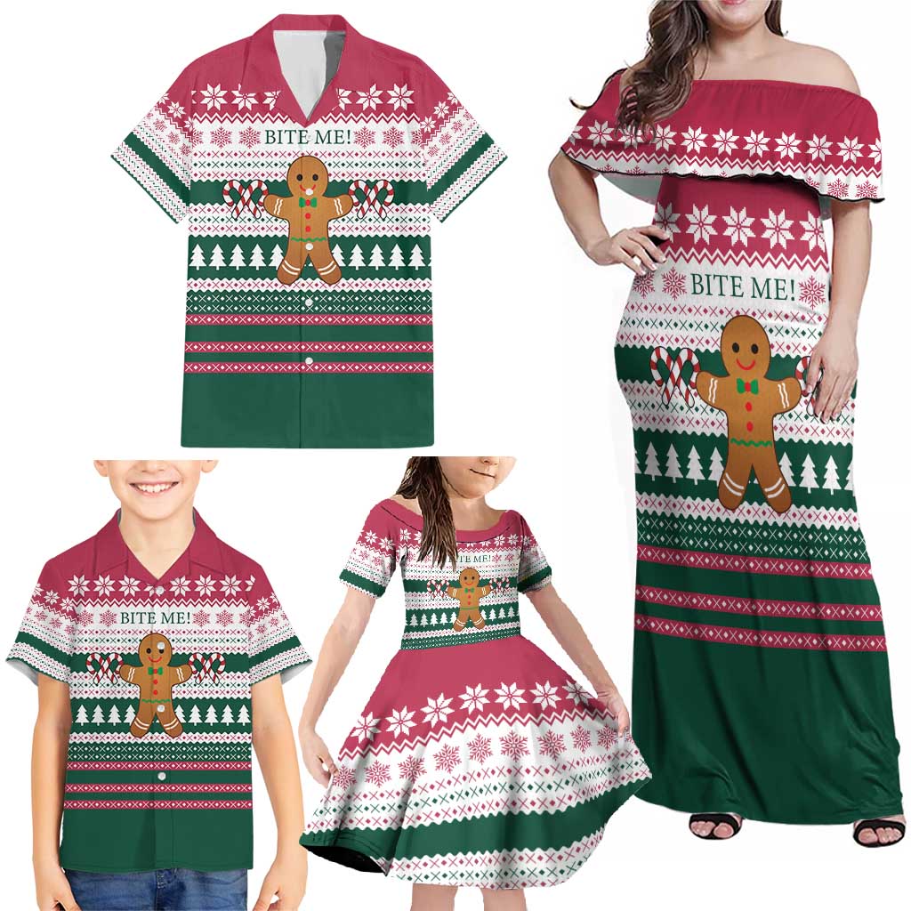 Christmas Cookies Bite Me Family Matching Off Shoulder Maxi Dress and Hawaiian Shirt with Gingerbread Man Candy Canes and Snowflake Tree - Wonder Print Shop