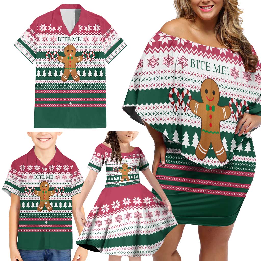 Christmas Cookies Bite Me Family Matching Off Shoulder Short Dress and Hawaiian Shirt with Gingerbread Man Candy Canes and Snowflake Tree - Wonder Print Shop