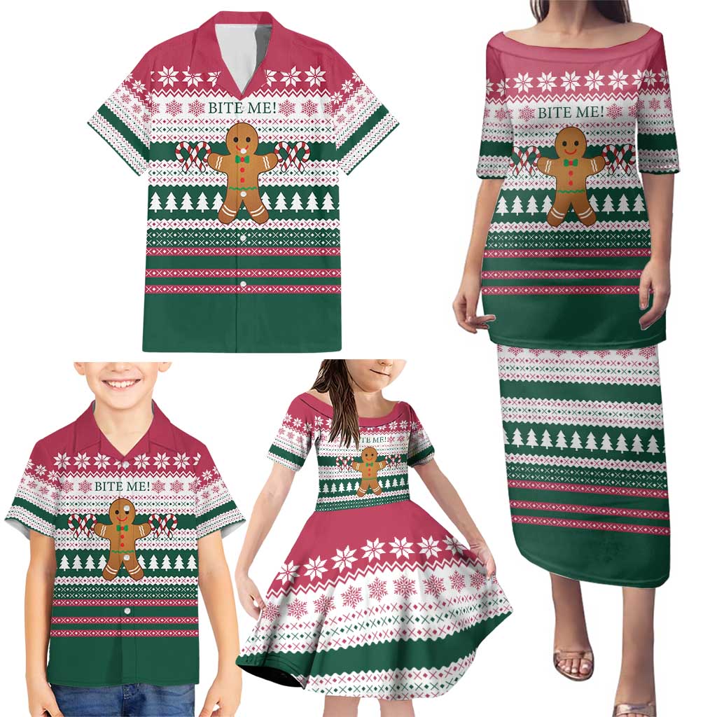 Christmas Cookies Bite Me Family Matching Puletasi and Hawaiian Shirt with Gingerbread Man Candy Canes and Snowflake Tree - Wonder Print Shop