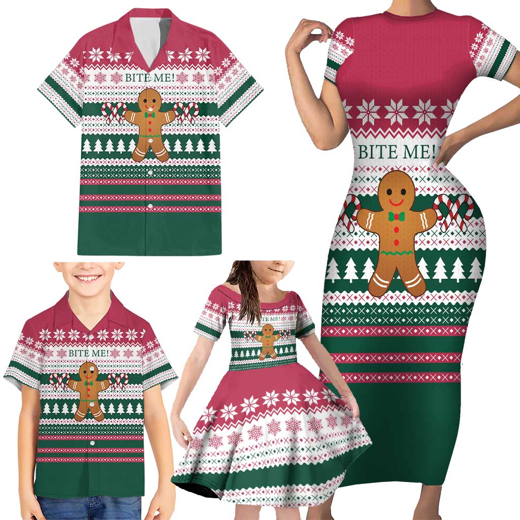 Christmas Cookies Bite Me Family Matching Short Sleeve Bodycon Dress and Hawaiian Shirt with Gingerbread Man Candy Canes and Snowflake Tree - Wonder Print Shop