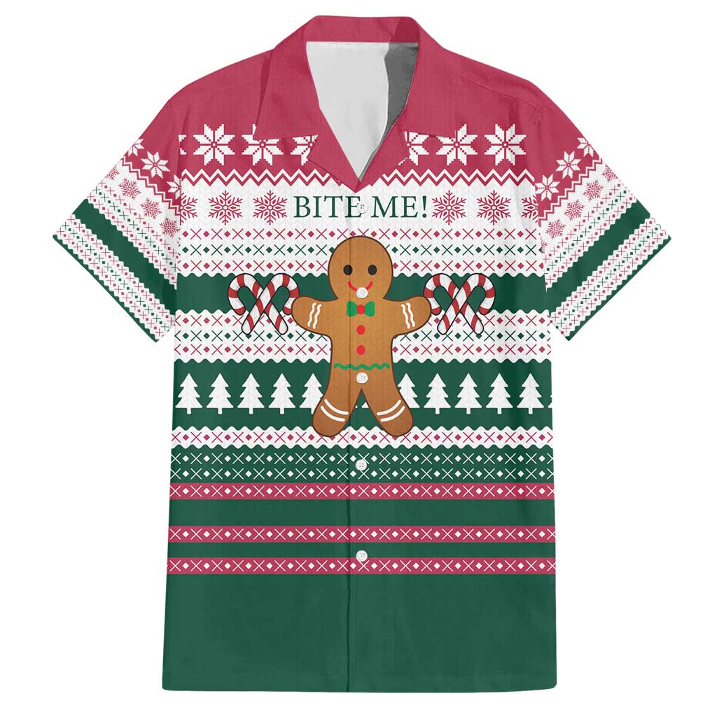 Christmas Cookies Bite Me Family Matching Short Sleeve Bodycon Dress and Hawaiian Shirt with Gingerbread Man Candy Canes and Snowflake Tree - Wonder Print Shop