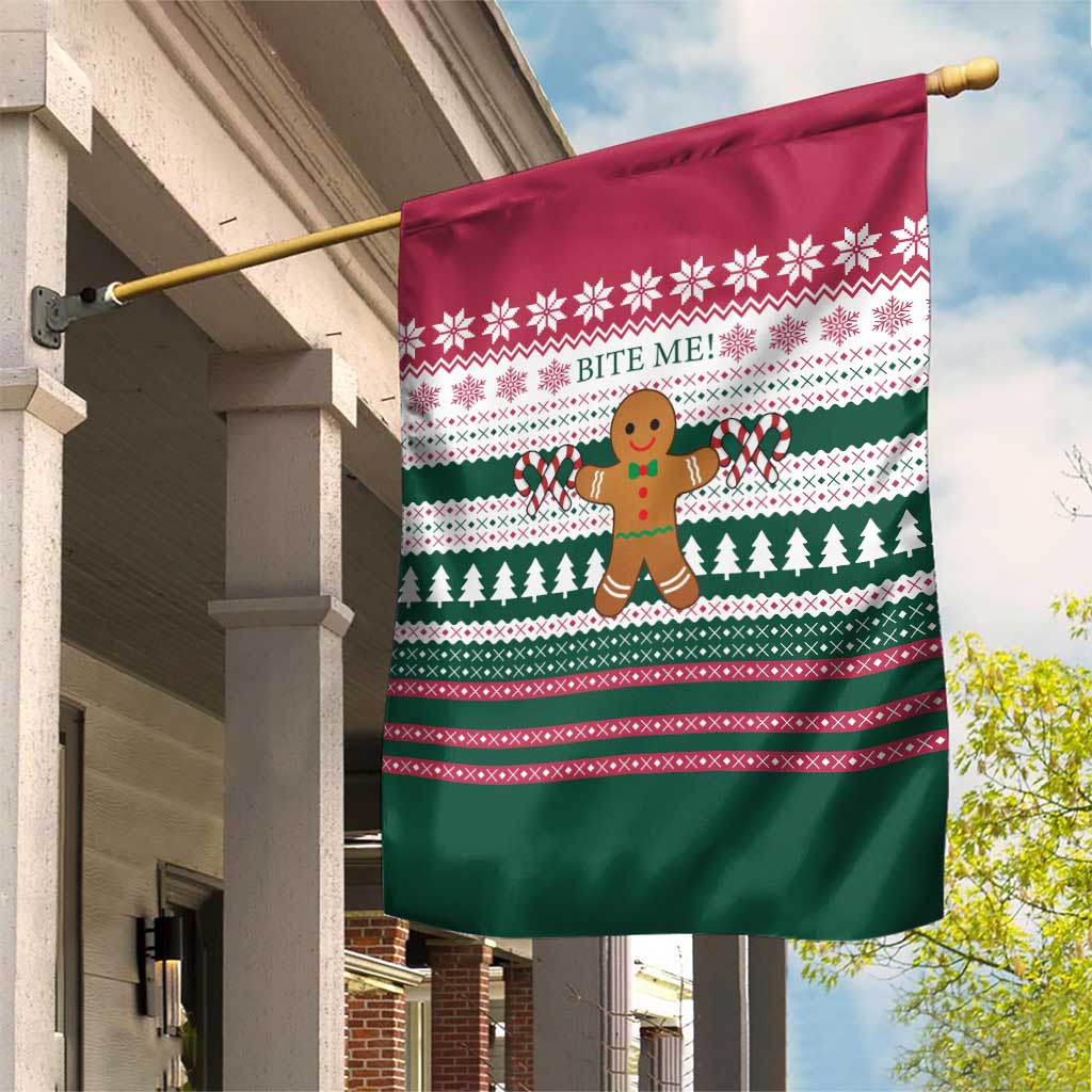 Christmas Cookies Bite Me Garden Flag with Gingerbread Man Candy Canes and Snowflake Tree - Wonder Print Shop