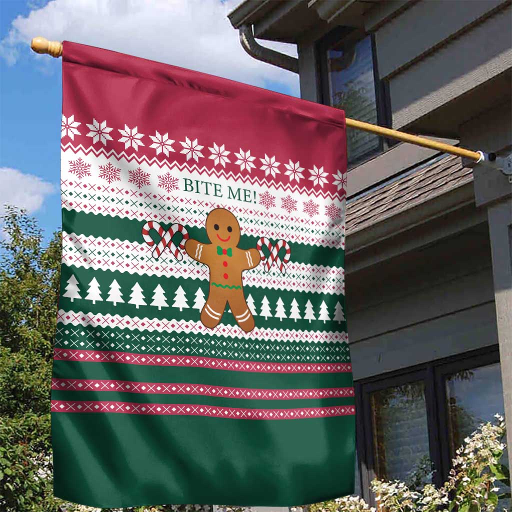 Christmas Cookies Bite Me Garden Flag with Gingerbread Man Candy Canes and Snowflake Tree - Wonder Print Shop