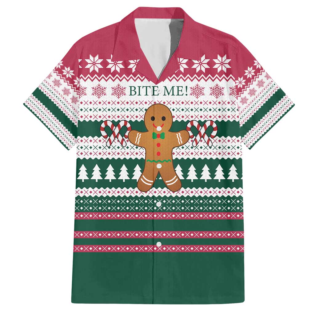 Christmas Cookies Bite Me Hawaiian Shirt with Gingerbread Man Candy Canes and Snowflake Tree - Wonder Print Shop